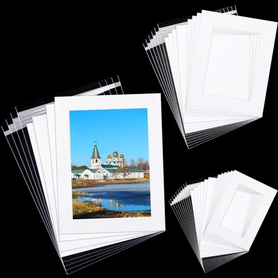 12 Sets White Picture Mat Set, 5" x 7", 8" x 10", 11" x 14" Photo Frame Mattes with White Core Bevel Cutting Mat Board and 20 Transparent Bags for Packaging Photo Picture Artwork {1}