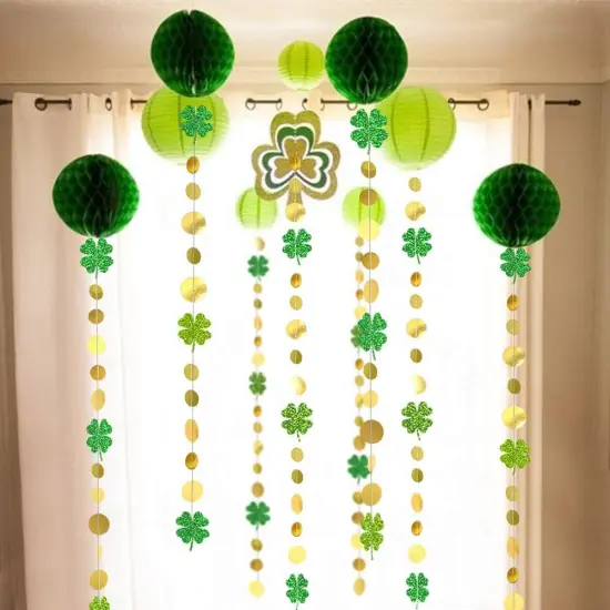 Cheerland Green Shamrock Garland St Patricks Day Decorations - 4 Leaf Clover Glitter St Paddy's Day Garland Hanging Streamers for St. Patrick's Day Irish Party Supplies and Spring Decor - 52Ft {3}