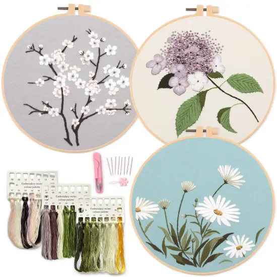 Silentsea 3 Sets of Starter Kits for Embroidery Beginners, Including 3* Embroidery Cloth with Patterns, Hoop, Needle, Manual and Other Manual DIY Tools Needed for Embroidery {1}