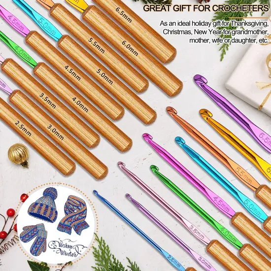 Bamboo Crochet Hooks Comfort Grip, 6.7" Crochet Kit Longer Aluminum Shaft Crochet Needles for Crocheting, Ergonomic Knitting Hooks Set for Crochet Yarn Craft, Premium Knitting Crochet Supplies {3}