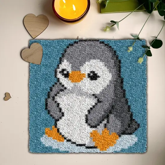 Latch Hook Kits for Kids Adults DIY Rug Tapestry Kits with Printed Canvas Embroidery Kits Festival Gifts Home Decoration (Penguin,11.8inch X 11.8inch) {6}