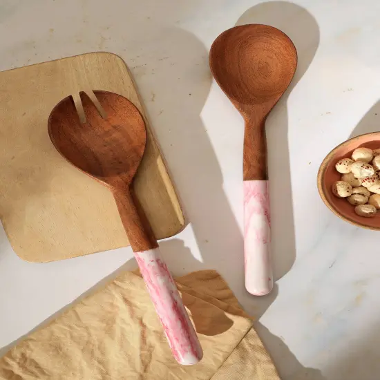 Marble & Wood Salad Server-Set of 2, 12"X3" Pink {1}