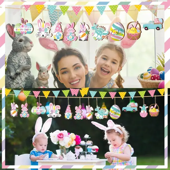 Chunful 30 Pcs Happy Easter Wooden Ornaments with Ropes Spring Egg Gnome Bunny Carrot Basket Holiday Easter Decorations Wood Bunny Ornament Embellishments Decorative Hanging Ornaments for Party {5}
