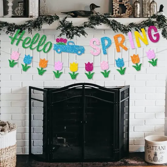 Glitter Hello Spring Banner with Tulip Truck Signs and Colorful Glittery Tulips Banner Hello Spring Tulips Flowers Garland Banner Spring Easter Birthday Party Fireplace Mantle Decorations {4}