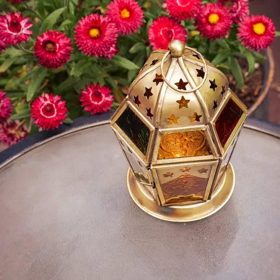 In the Breeze 9211 &mdash; Red, Yellow & Green Hex Tealight Lantern &mdash; Moroccan-Style Boho Chic Tealight Glass and Metal Tabletop Lantern {2}