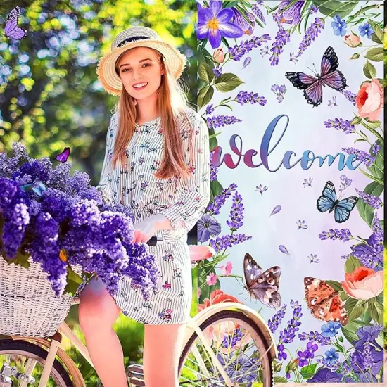 Purple Welcome Butterfly Door Cover Welcome Summer Door Decorations Banner Butterfly Flower Porch Banner Sign Photo Background for Summer Spring Seasonal Welcome Holiday Party Indoor Outdoor Decor {4}