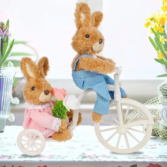 Easter Tabletop Decorations Plush Bunny Couple, 9.8" (L) x 11" (H) Easter Rabbits Ride a Bike, Cute Animal Figurine for Girls' Gift, Easter Basket Filler Spring Home Kitchen Room Ornament {1}