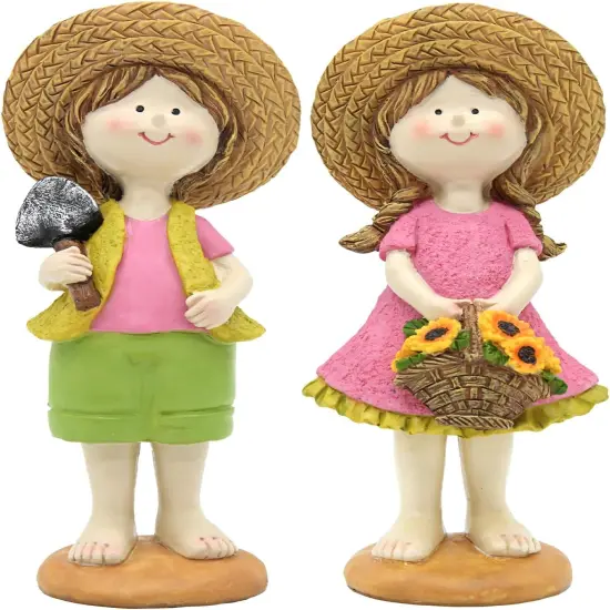 Spring Garden Boy & Girl Figurine Set - H9 inch Whimsical Statue Flower Garden Decor for Indoor & Outdoor Display - Charming Spring and Summer Decorations for Yard, Patio, or Home {1}