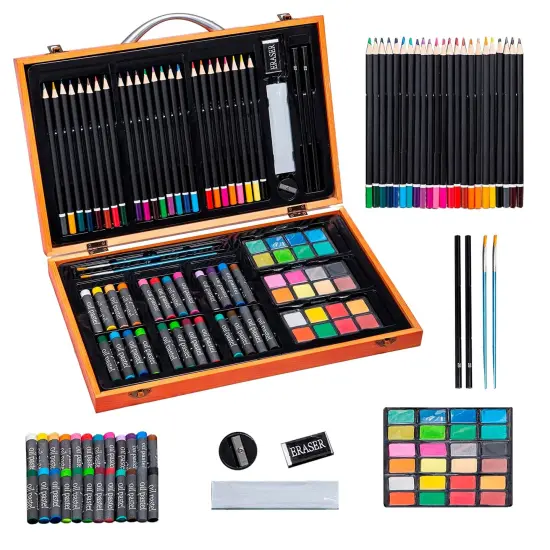 MAHITOI US 80+Piece Deluxe Artist Studio Creativity Set Wood Box Case - Art Painting, Sketching Drawing Set, 24 Watercolor Paint Colors, 24 Oil Pastels, 24 Colored Pencils, 2 Brushes, Starter Kit {6}
