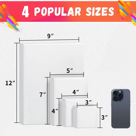 FIXSMITH Stretched Canvas for Painting, 3"x3", 4"x4", 5"x7", 9"x12", Pack of 4, Pre-Primed Canvases Wood Framed Canvas Boards for Oil Acrylic Paint, Acid-Free Painting Canvas for Kids &Artists {4}