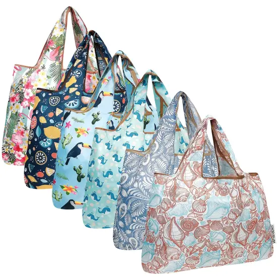 Wrapables Large Foldable Tote Nylon Reusable Grocery Bags, 6 Pack, Travel Adventures {1}