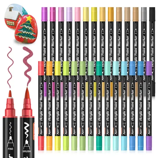 28 Metallic Colors Dual Tip Acrylic Paint Markers, Brush Tip and Fine Tip Acrylic Paint Pens for Rock Painting, Ceramic, Wood, Canvas, Plastic, Glass, Stone, Calligraphy, Card Making, DIY Crafts {1}