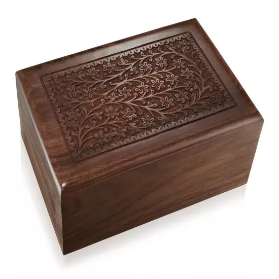 Rosewood Hand-Carved Floral Wood Memorial Cremation Box with Velvet Bag - XL {4}