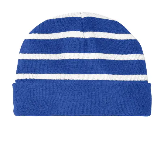 Sport-Tek&reg; Striped Beanie with Solid Band True Navy/ White {5}
