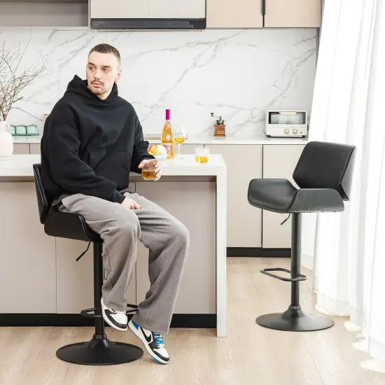 Set of 2 Mid-century Modern Leatherette Adjustable Height Swivel Bar Stool with Black Metal Base Beige {7}