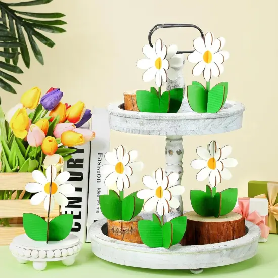 12 Pcs Spring Daisy Wood Signs Retro 3D Flowers Table Decoration Rustic Farmhouse Daisy Table Centerpiece Floral Block Tabletop Signs for Spring Home Tiered Tray Decor {3}