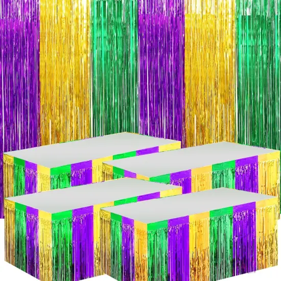 4 Packs Mardi Gras Table Skirts & 2 Pack Mardi Gras Tinsel Curtains,29x108 Inch Metallic Foil Fringe Table Skirts for Carnival Mardi Gras New Orleans Masquerade Party {1}