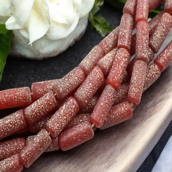 10x25mm Matte Ruby Red Pompeii Tube Beads (18" Strand) - Indonesian Glass Beads {3}