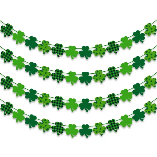 4PCS Felt Shamrock Clover Garland Banner - NO DIY, St. Patrick's Day Decorations - Buffalo Plaid Dark Green Light Green Happy St. Patrick's Day Banner for Home Mantel Office Irish Day Party Supplies {1}