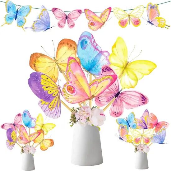 Butterfly Party Table Centerpieces Sticks Decoration 24pcs Colorful Butterfly Table Toppers for Butterfly Baby Shower Centerpieces Decoration Spring Theme Birthday Party Supplies {1}