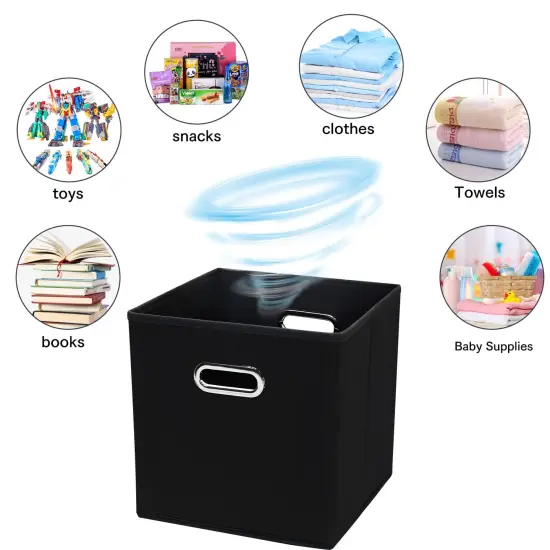 SEVENDOME Black Fabric Storage Bins Cube ,11x11x11 Fabric Cubby Organizer Baskets with Handle, Foldable Basket for Closet or Collapsible Storage Box Set of 2 (Black ) {4}