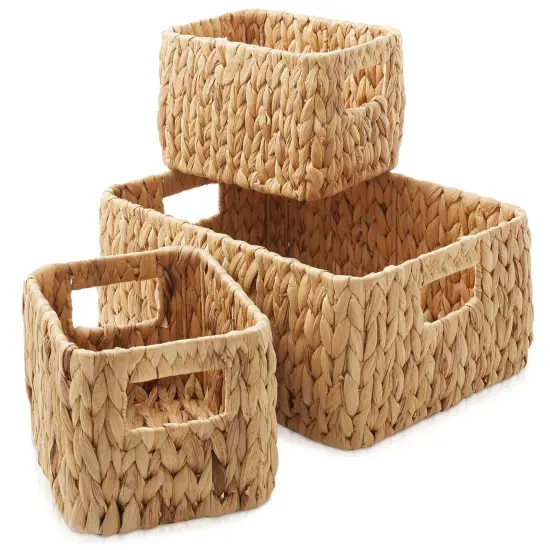 3pc Hyacinth Wicker Storage Basket Set, Woven Shelf Organizer Bins, Natural {3}