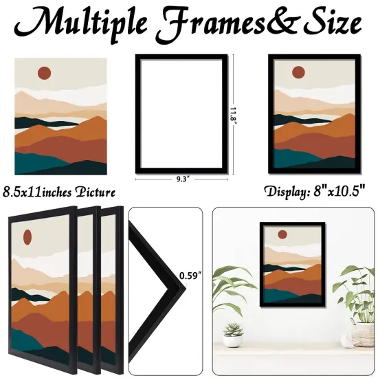 Black 8.5x11 Picture Frame Set of 3, High Transparent Frame for 8.5 By 11 Photo Collage Canvas Poster Size Wall Mount and Tabletop Horizontally Vertically (Black, 8.5 x 11 inches) {6}