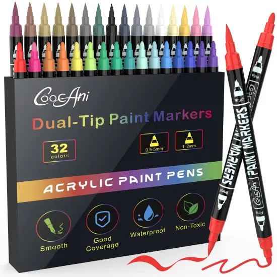 32 Colors Paint Markers, Dual Tip Acrylic Paint Pens for Wood, Canvas, Glass, Ceramic, Fabric,Rock Painting, DIY Crafts Making Art Supplies (Fine Tip and Brush Tip) {1}