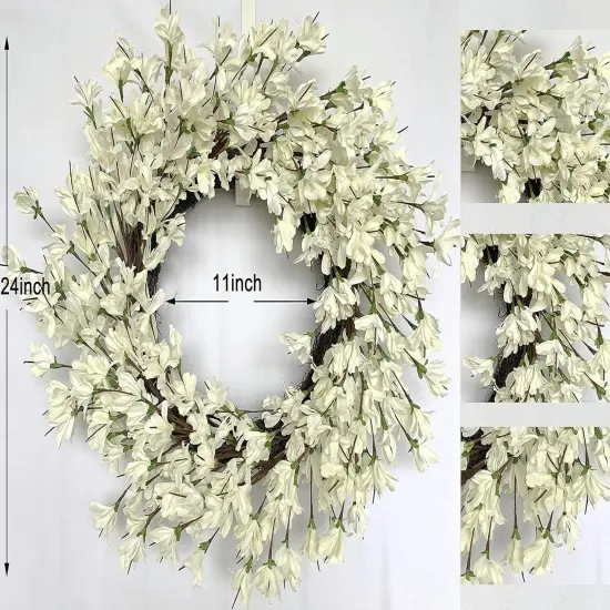 White Cream Forsythia Wreath 24 Inch Spring Front Door Blossom Cluster Flower {2}
