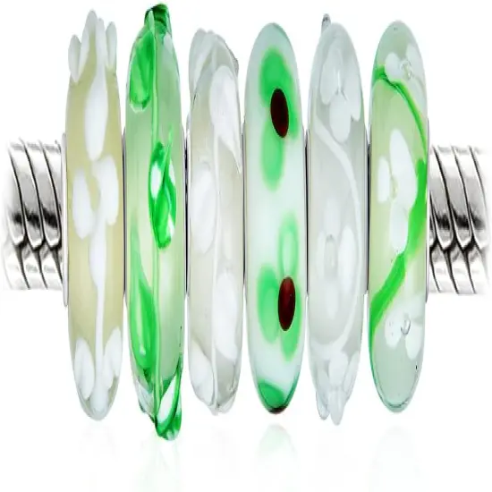 Mixed Set Of 6 Bundle Translucent Shades Of Green Swirl Floral Murano Glass Swirl Charm Bead {2}