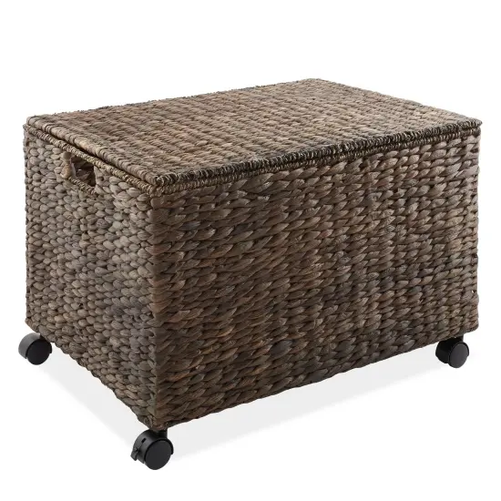Rolling Storage Basket Cart w/ Lid & Wheels - Woven Wicker Divided Recycling Bin Natural {4}