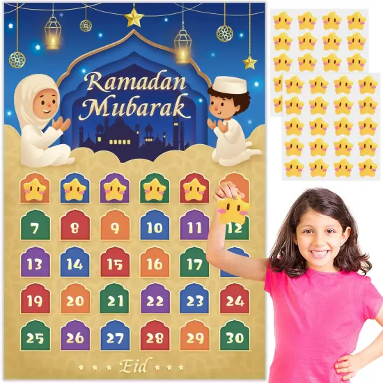 AhfuLife Ramadan Eid Mubarak Countdown Calendar Decoration for Kids, 2025 Eid Mubarak Gift Decorations, 30 Days and 30 Reusable Stars Eid Countdown Poster Wallchart for Home Kids Gift {1}