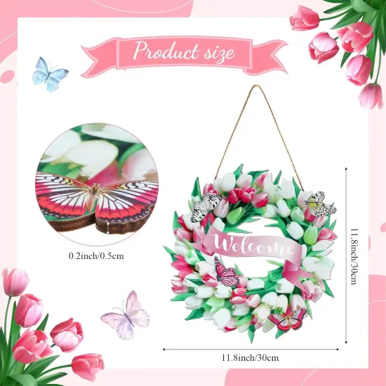 Spring Door Sign Tulips Wreath Summer Decoration 11.8" Welcome Sign Spring Flower Butterfly Wreath Wooden Front Door Hanger Home Wall Decor Farmhouse Indoor Outdoor {2}