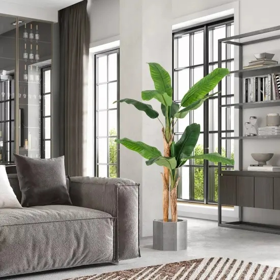 5.5 FT Artificial Banana Tree w/ 10 PEVA Leaves & 2 PE Stalks, Cement Pot {3}