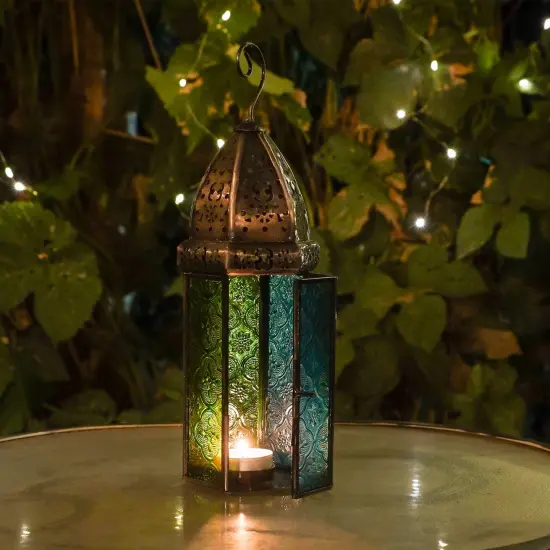 In the Breeze 9215 &mdash; Teal & Green Large Hex Tealight Lantern &mdash; Moroccan-Style Boho Chic Tealight Glass and Metal Tabletop Lantern {3}