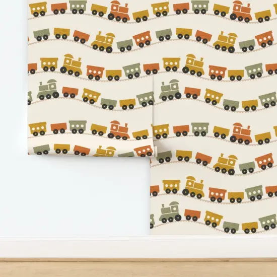 Pre-Pasted Wallpaper 2FT Wide Boho Baby Trains Retro Warm Colors Nursery Toy Train Kids Toddlers Custom Pre-pasted Wallpaper by Spoonflower {2}