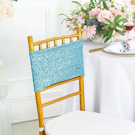 10 Pieces Soft Baby Blue Sequin Stretch Spandex Chair Bands 7 x 13 Inches {2}