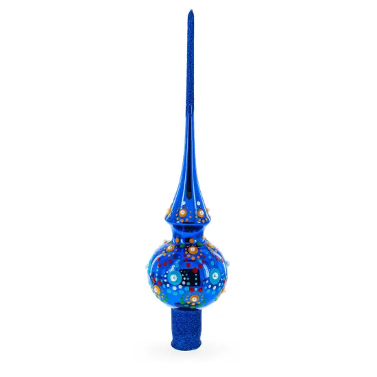 Vibrant Sapphire Blue with Festive Accents Glass Christmas Tree Topper {4}