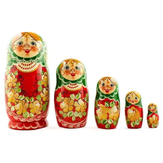 5 Girl with Green Scarf and Red Dress Wooden Nesting Dolls 7 Inches {1}