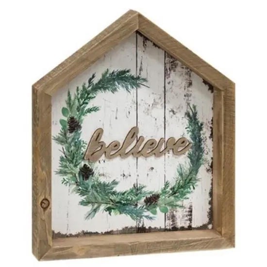 Believe Christmas Wreath Wall Decor Wood Shadowbox House Sign {1}