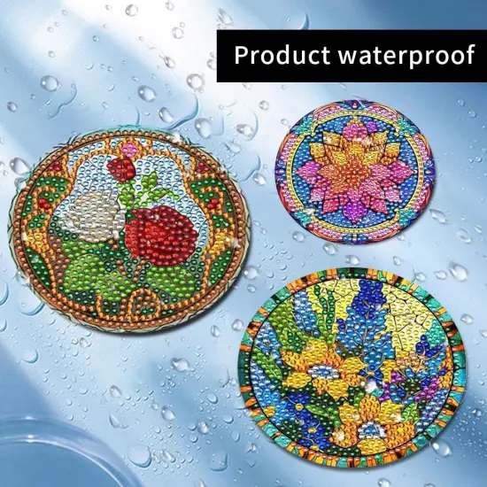 8 Pcs Diamond Art Painting Coasters with Holder, DIY Colorful Flowers Diamond Art Coasters for Drinks Diamond Art Painting Kits for Beginners, Diamond Kits Craft Supplies for Adults Kids {3}