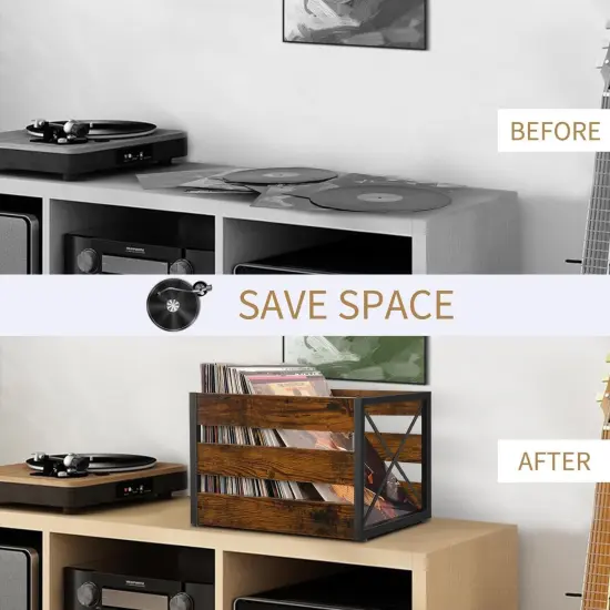 Vinyl Record Storage, Large LP Vinyl Record Storage Crate, Metal & Wooden Vinyl Record Album Holder, Cube Record Organizer Box, Holds up to 80+ Records {5}