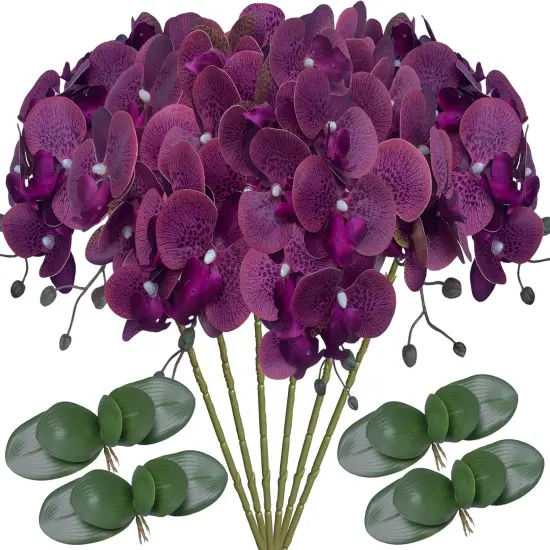 6 Pcs Artificial Phalaenopsis Flowers with 4 Bundles Leaves Artificial Orchid Flowers Stem Plants for Home D&eacute;cor (Purple Piebald) {1}