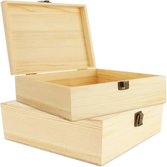 2Pcs Large Wooden Box, 12.6" x 8" x 3.1" Unfinished Wooden Box with Hinged Lid, Reusable Wood Boxes for Crafts,Gift, Home Storage, DIY Keepsake Box {1}