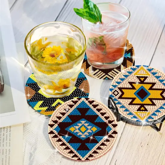 6 Pcs Diamond Painting Coasters with Holder, Aztec Diamond Art Coasters DIY Coaster Diamond Art Kits for Beginners, Adults & Kids Small Diamond Painting Kits Accessories {2}