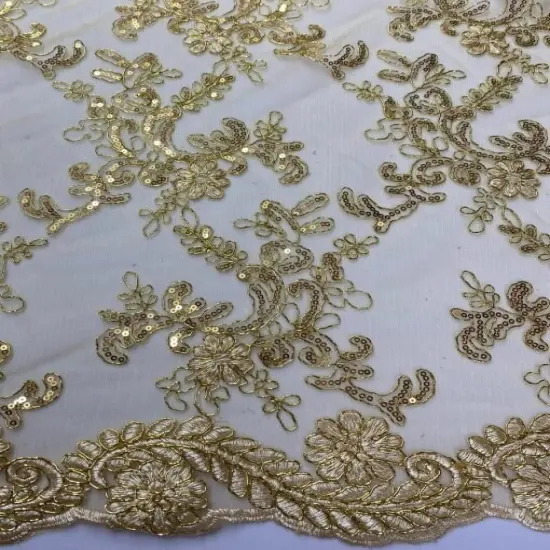 1 Yard Gold Corded Sequin Lace Mesh Fabric with Scalloped Edge 54&rdquo; Wide {2}