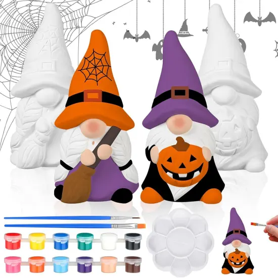 2 Pack Halloween Ready to Paint Your Own Gnome Statues, 4 Spider Web Pumpkin {1}