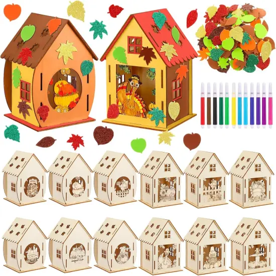 12 Sets Wooden Thanksgiving Halloween Houses ,12 Watercolor Pens 100 Foam Stickers(Fall Style) {1}