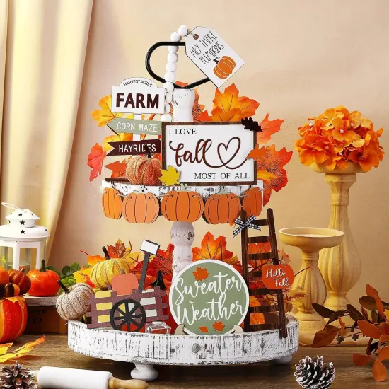 19 Pcs Fall Tiered Tray Decor Fall Home Decor Thanksgiving Day {2}