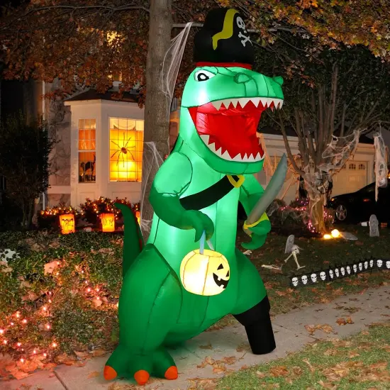 GOOSH 7 FT Halloween Inflatables Dinosaur Blow Up Yard Pirate Dinosaur with Pumpkin Decoration with Built-in LEDs {4}